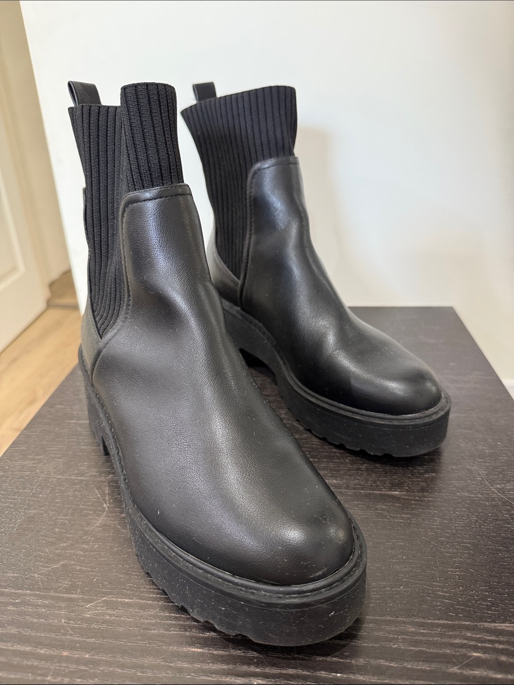 Dolce Vita Black Ribbed Chelsea Platform Ankle Boots